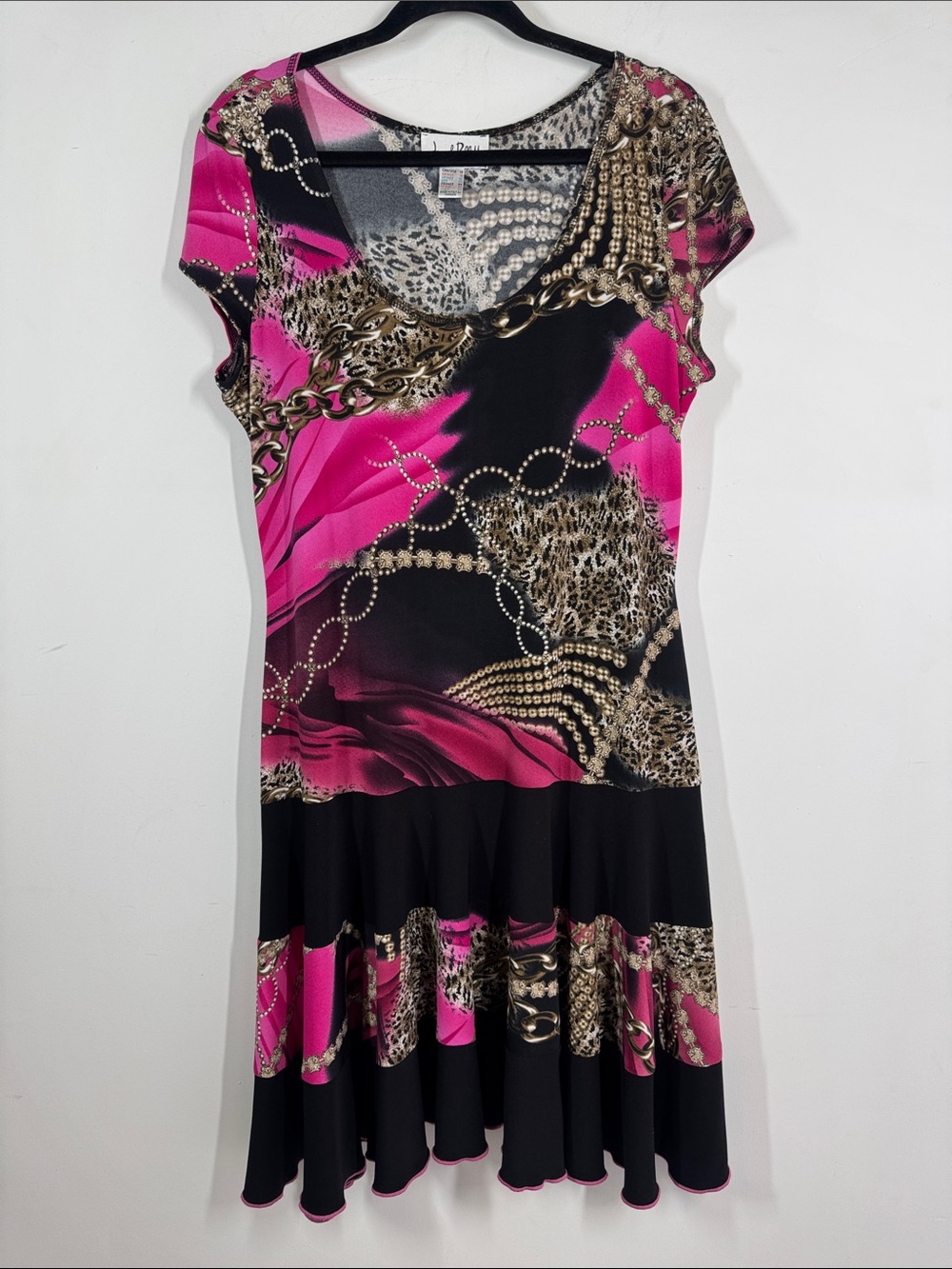 Joseph Ribkoff Pink Black Animal Printed Dress Size 14 Ruffle Hem Stretchy - Picture 2 of 12